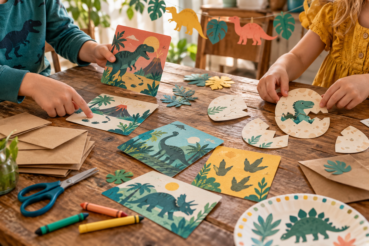 Kinderen leggen aan tafel kaarten en papieren dinopuzzels klaar voor een feestje